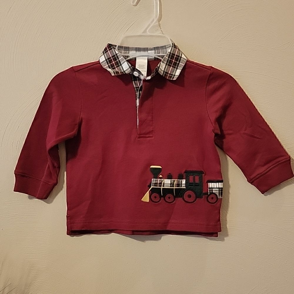 𝅺JANIE AND JACK RED LONG-SLEEVE POLO WITH TRAIN DESIGN AND TARTAN PLAID TRIM